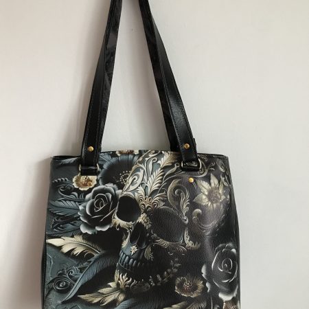 Unique Tote Bag Black Faux Leather Gothic Fantasy Skull Flowers Handcrafted UK