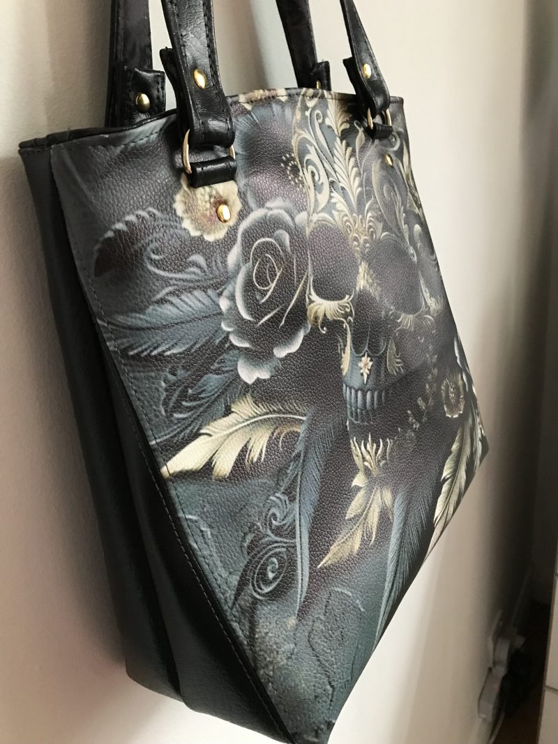 Unique Tote Bag Black Faux Leather Gothic Fantasy Skull Flowers Handcrafted UK