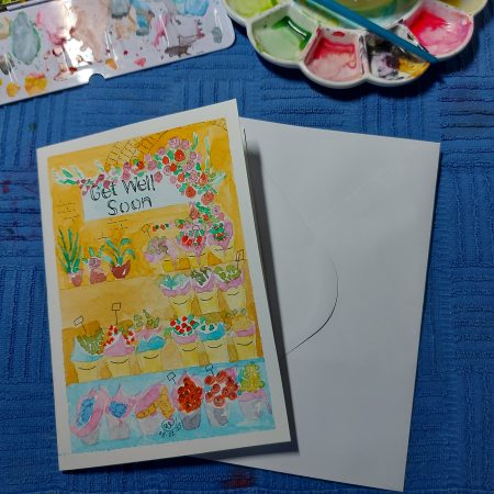 Get Well Soon card, flower stall, 8x6 in
