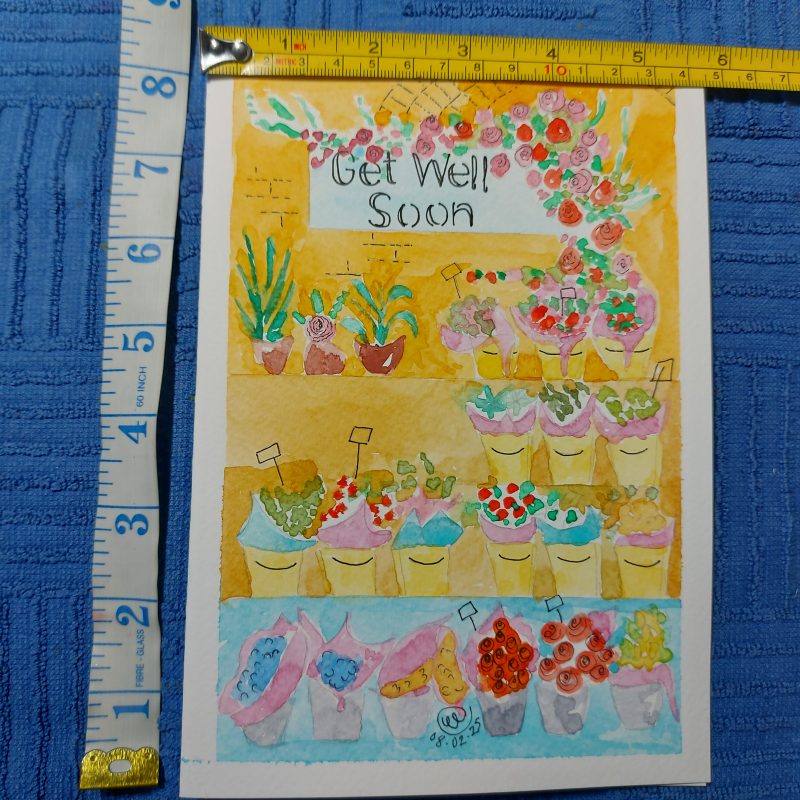 Get Well Soon card, flower stall, 8x6 in