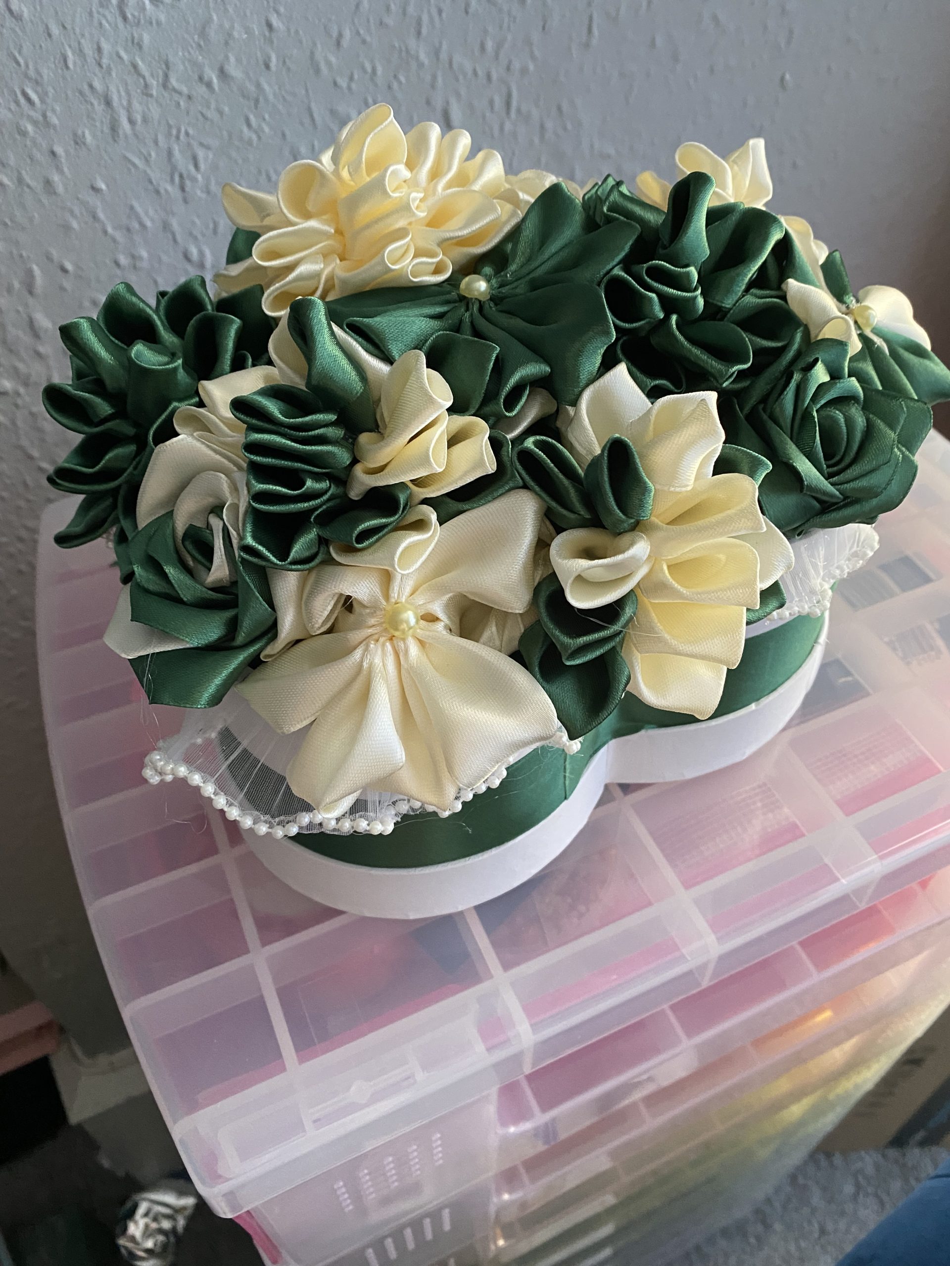 Medium sized heart shaped box of handmade Ribbon Flowers.