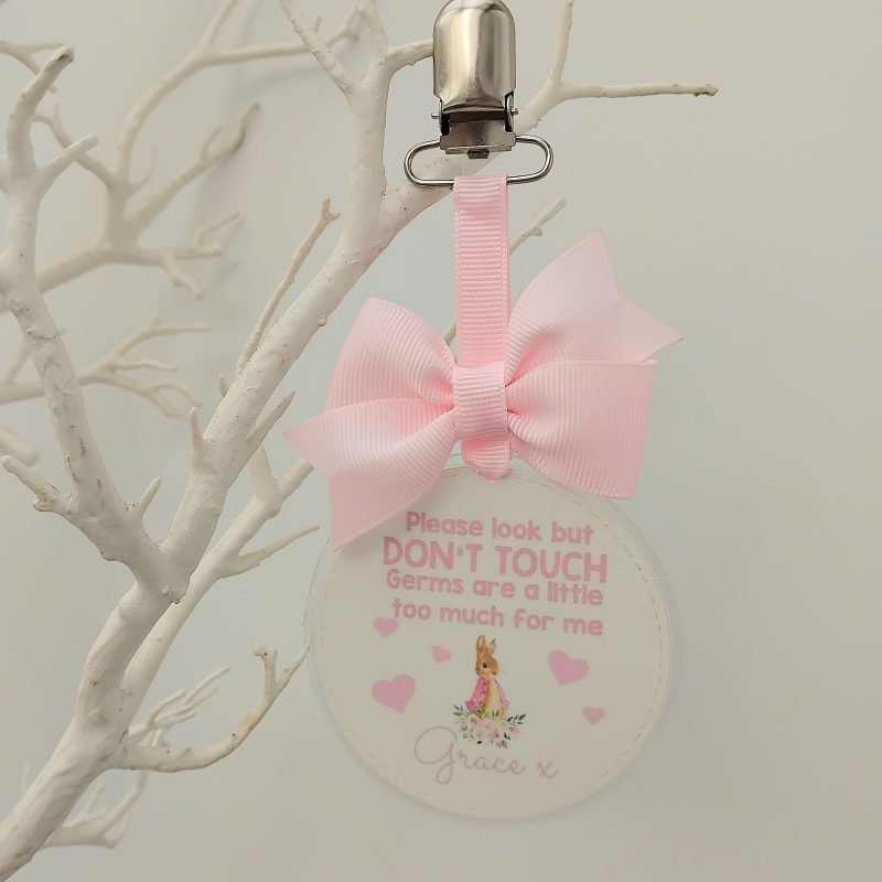 Personalised Flopsy Bunny Pram Charm, Please Don't Touch Your Germs Are Too Big For Me Pram Tag