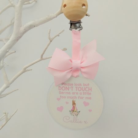 Personalised Flopsy Bunny Pram Charm, Please Don't Touch Your Germs Are Too Big For Me Pram Tag