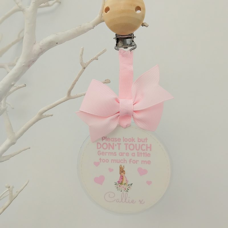 Personalised Flopsy Bunny Pram Charm, Please Don't Touch Your Germs Are Too Big For Me Pram Tag