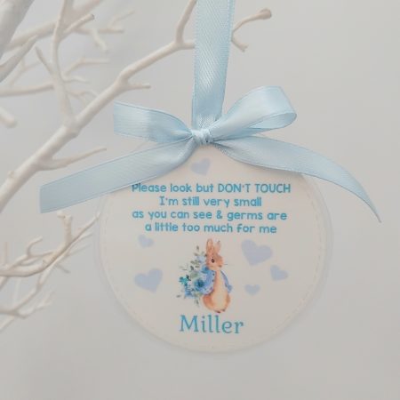 Personalised Peter Rabbit Pram Charm, Please Don't Touch Your Germs Are Too Big For Me Pram Tag