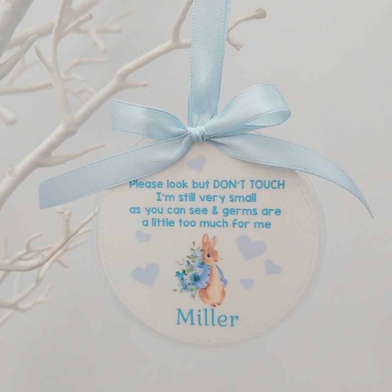 Personalised Peter Rabbit Pram Charm, Please Don't Touch Your Germs Are Too Big For Me Pram Tag