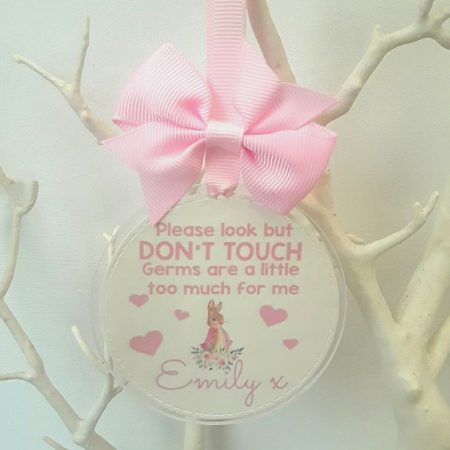 Personalised Flopsy Bunny Pram Charm, Please Don't Touch Your Germs Are Too Big For Me Pram Tag