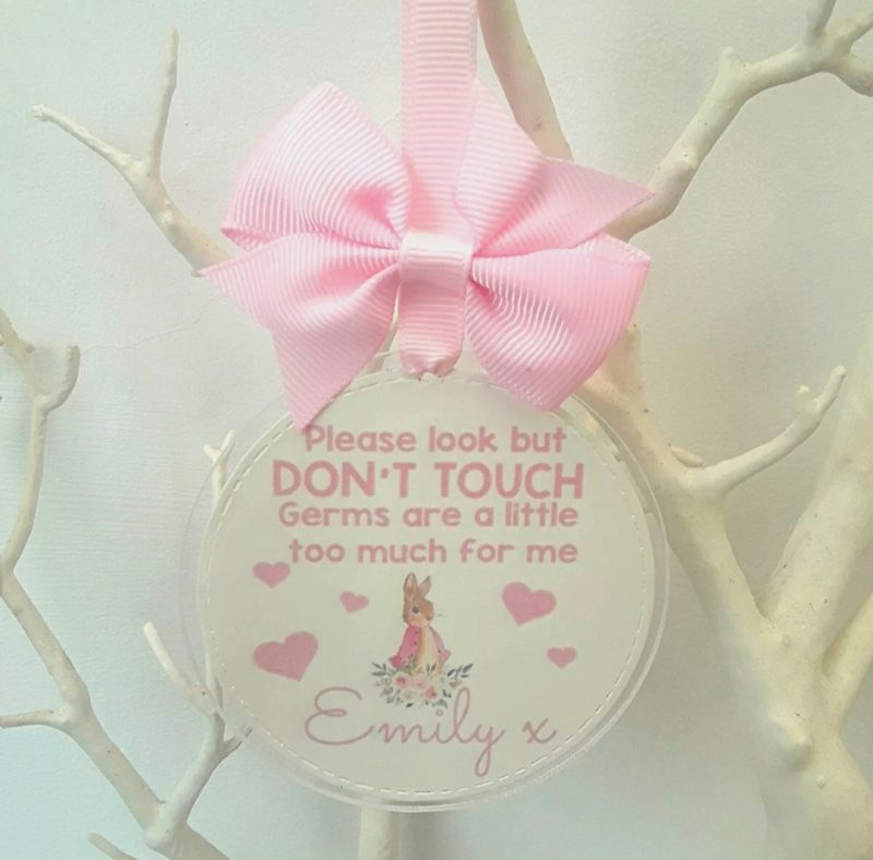 Personalised Flopsy Bunny Pram Charm, Please Don't Touch Your Germs Are Too Big For Me Pram Tag