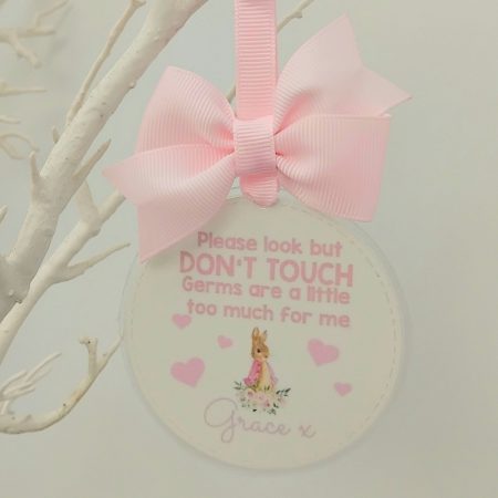 Personalised Flopsy Bunny Pram Charm, Please Don't Touch Your Germs Are Too Big For Me Pram Tag