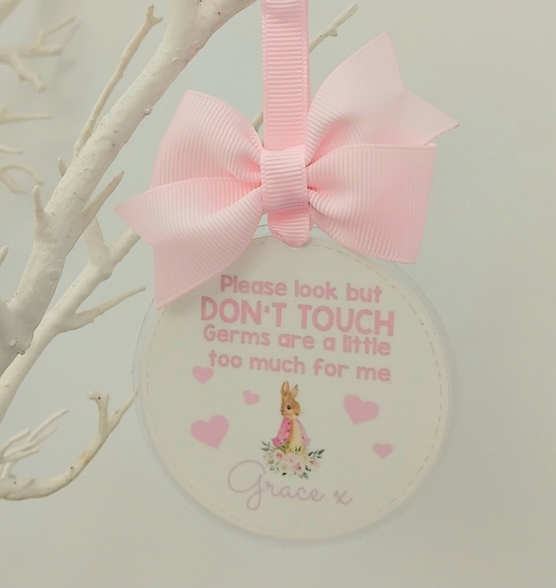Personalised Flopsy Bunny Pram Charm, Please Don't Touch Your Germs Are Too Big For Me Pram Tag