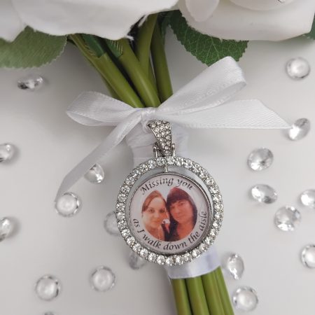 PERSONALISED RHINESTONE BRIDAL DOUBLE SIDED BOUQUET CHARM, DIAMANTE BRIDAL PHOTO CHARM