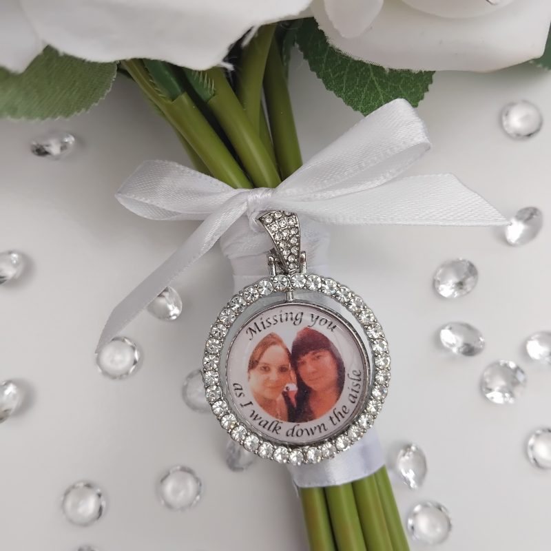 PERSONALISED RHINESTONE BRIDAL DOUBLE SIDED BOUQUET CHARM, DIAMANTE BRIDAL PHOTO CHARM