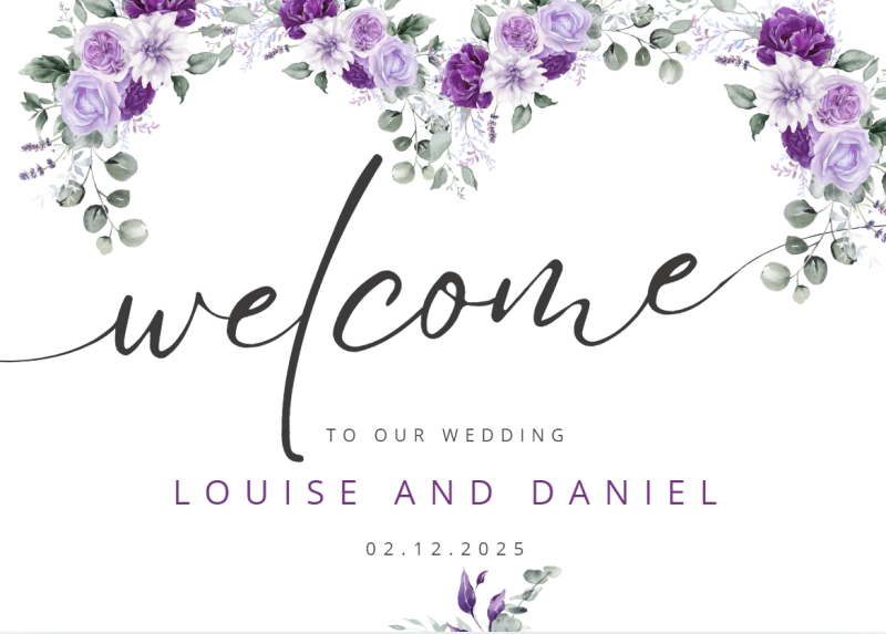 Personalised Wedding Welcome Sign - Enchanted Floral Purple
