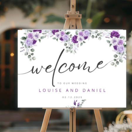 Personalised Wedding Welcome Sign - Enchanted Floral Purple
