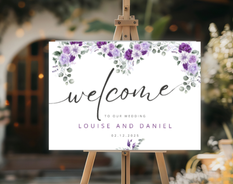 Personalised Wedding Welcome Sign - Enchanted Floral Purple