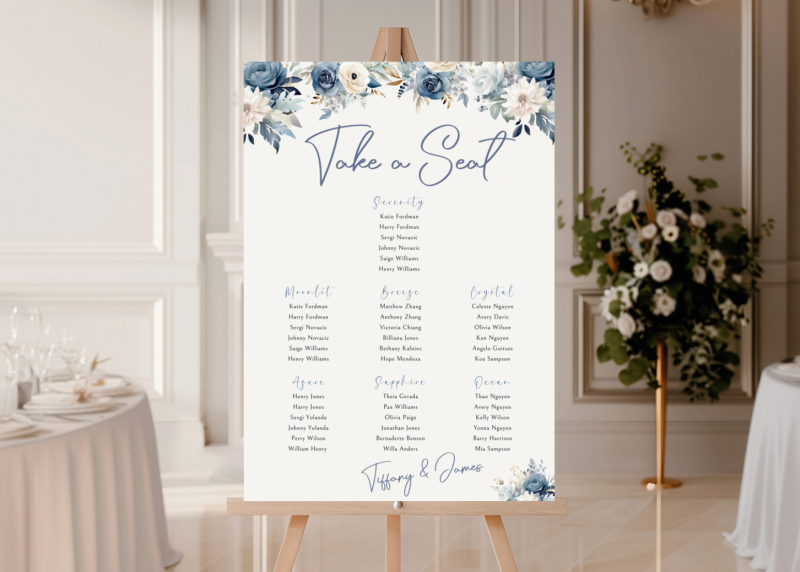Personalised Wedding Seating Sign - Blue Serenity