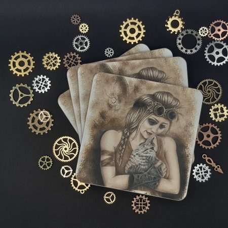 Hardboard Coaster | Steampunk coaster with hand drawn Cat Lady design - Image 3