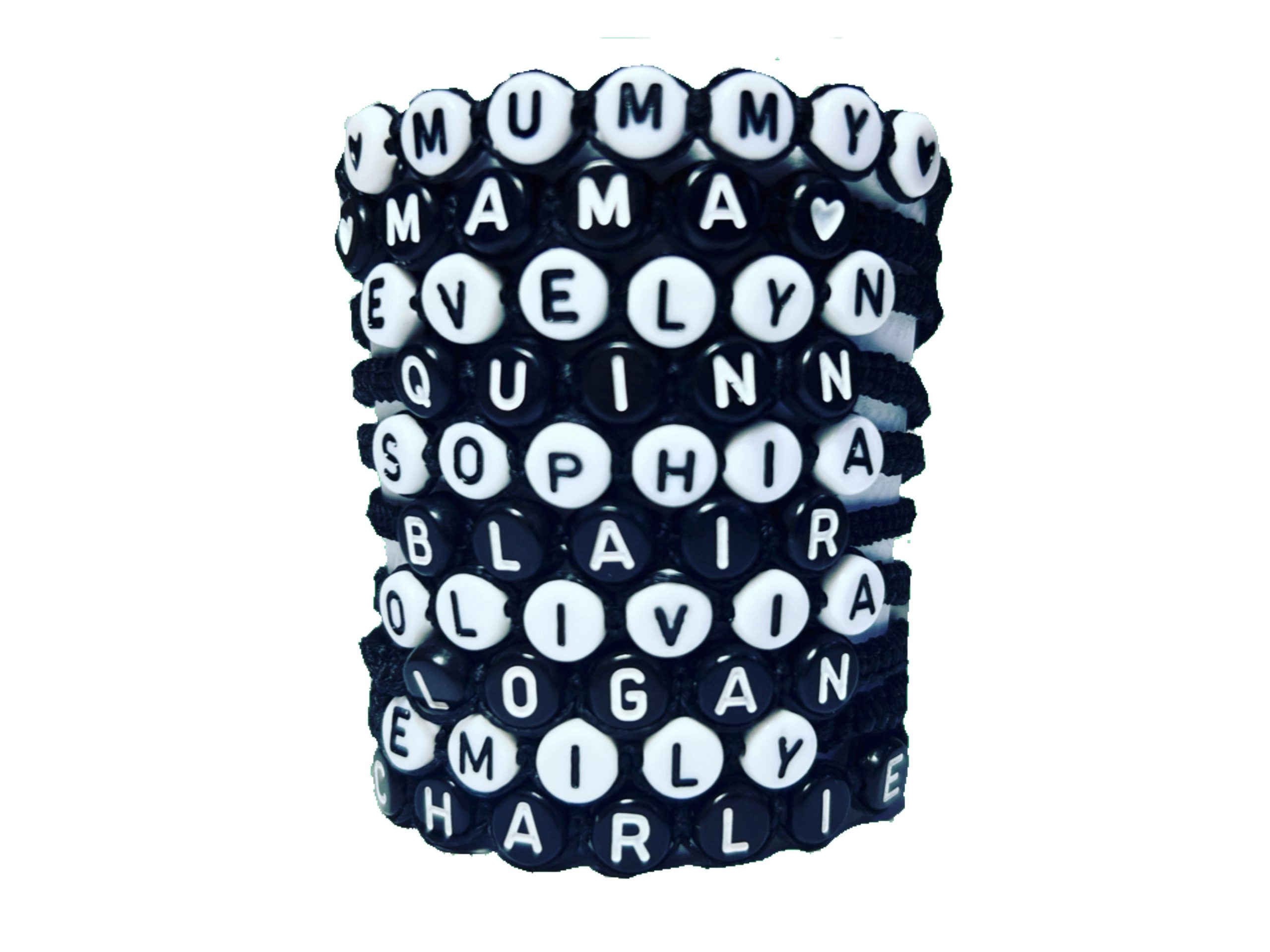 Custom name bracelets black cord with white or black letters
