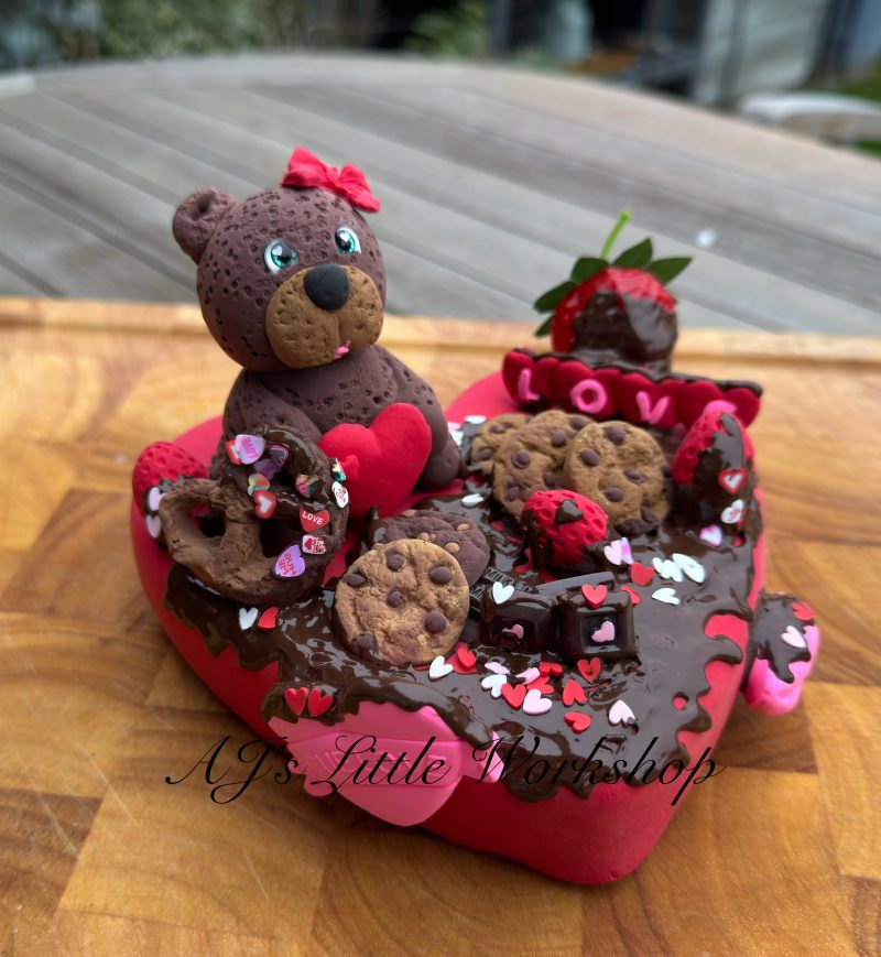 Foam Clay Handmade Teddy on a Chocolate covered Heart