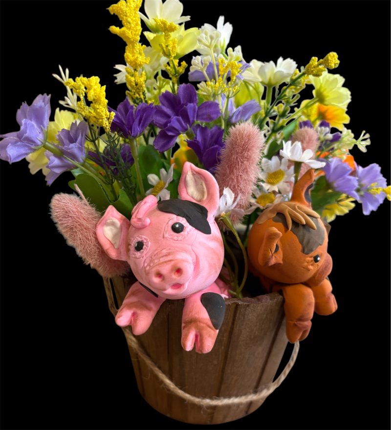 Handmade Pigs in a Bucket with Flowers