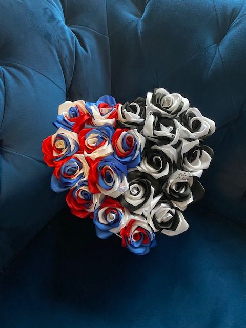 Large heart shaped box of handmade ribbon Roses
