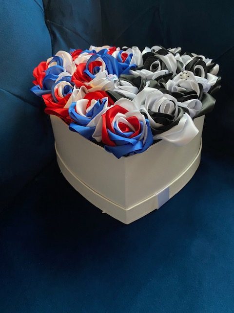 Large heart shaped box of handmade ribbon Roses
