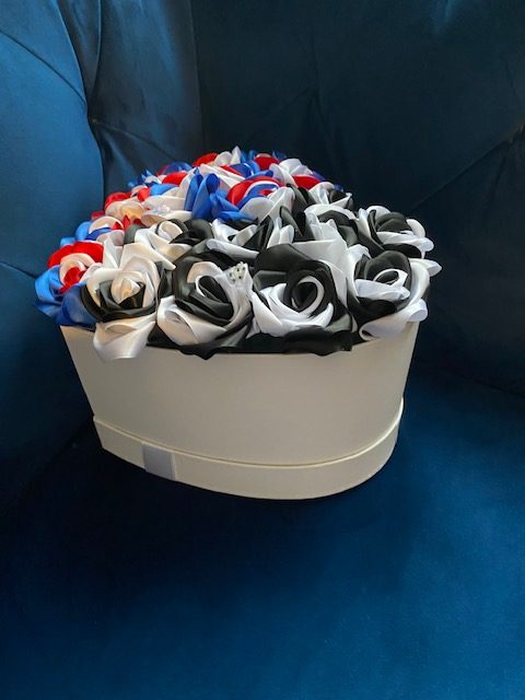 Large heart shaped box of handmade ribbon Roses