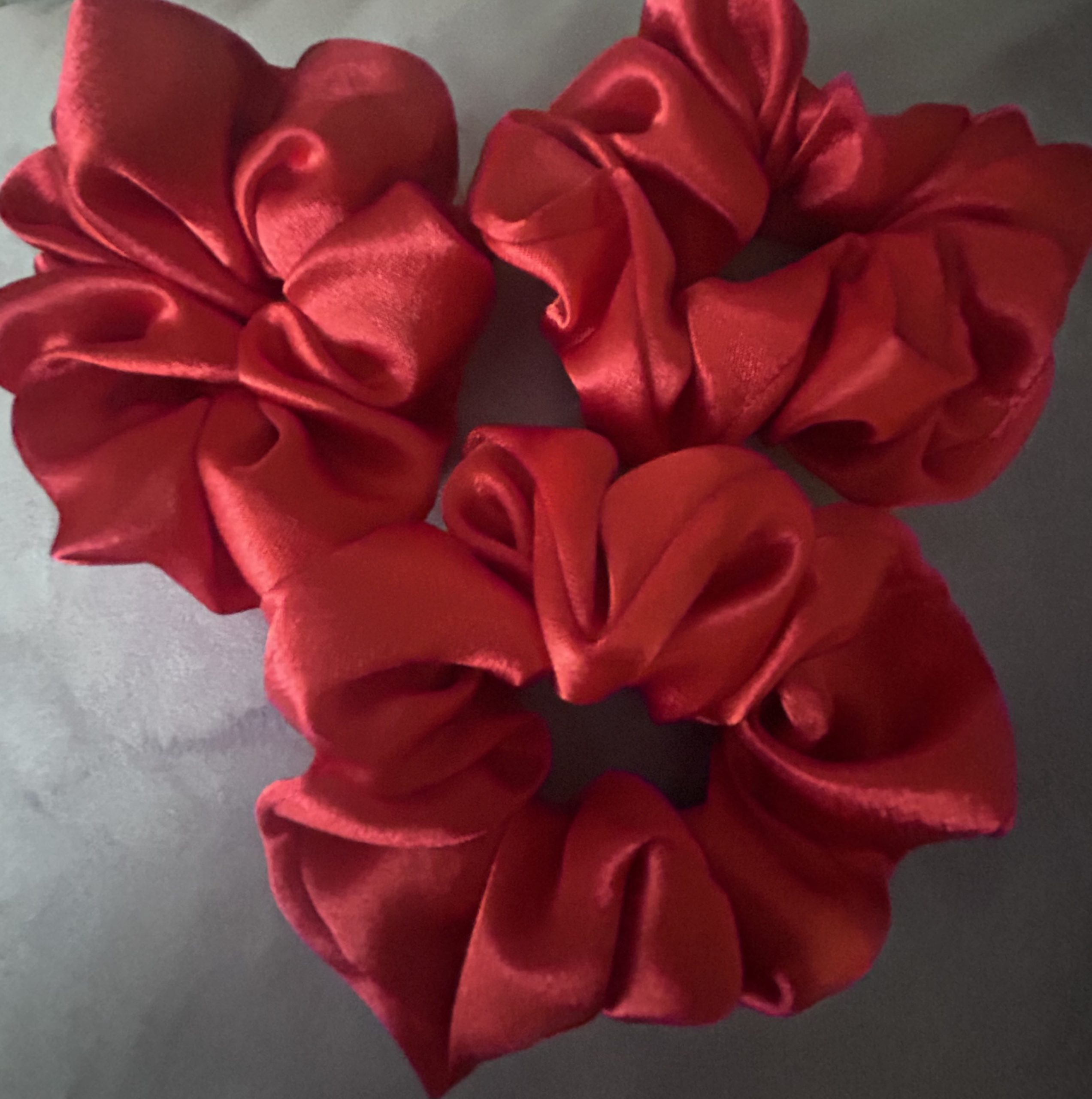 Handmade red satin hair scrunchies