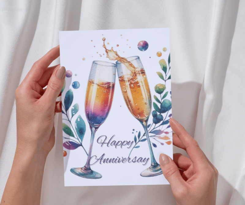 5x7 Anniversary Card Featuring Two gently clinking champagne glasses