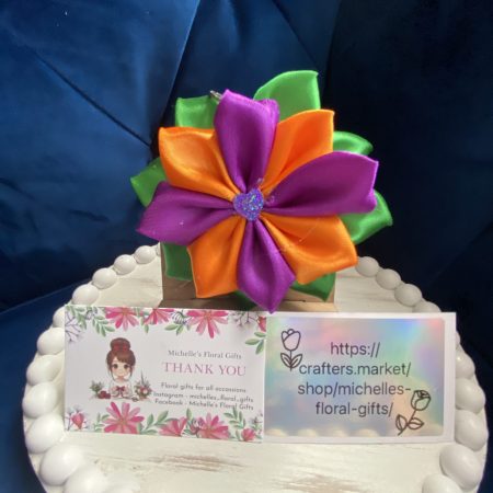 Beautiful handmade orange & purple ribbon flower keyring
