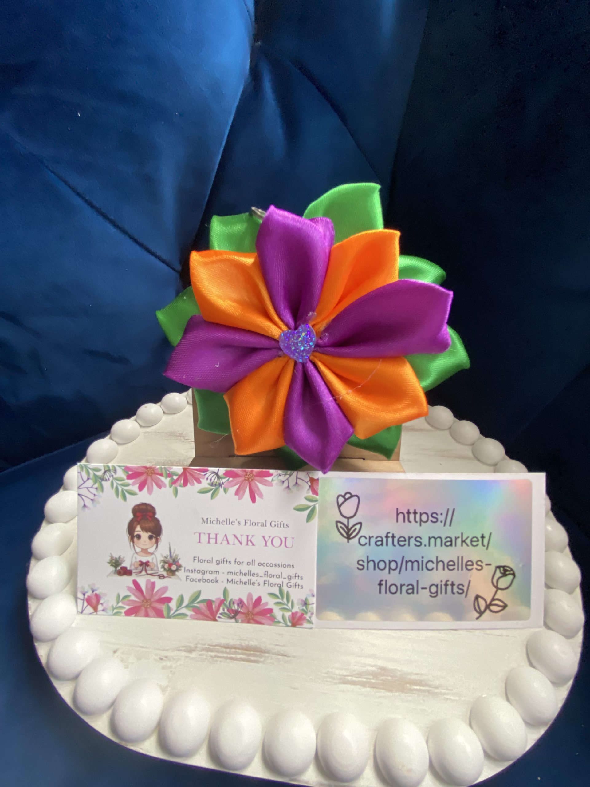 Beautiful handmade orange & purple ribbon flower keyring