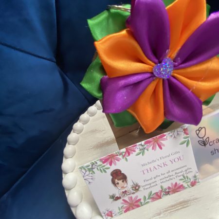 Beautiful handmade orange & purple ribbon flower keyring