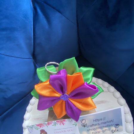 Beautiful handmade orange & purple ribbon flower keyring