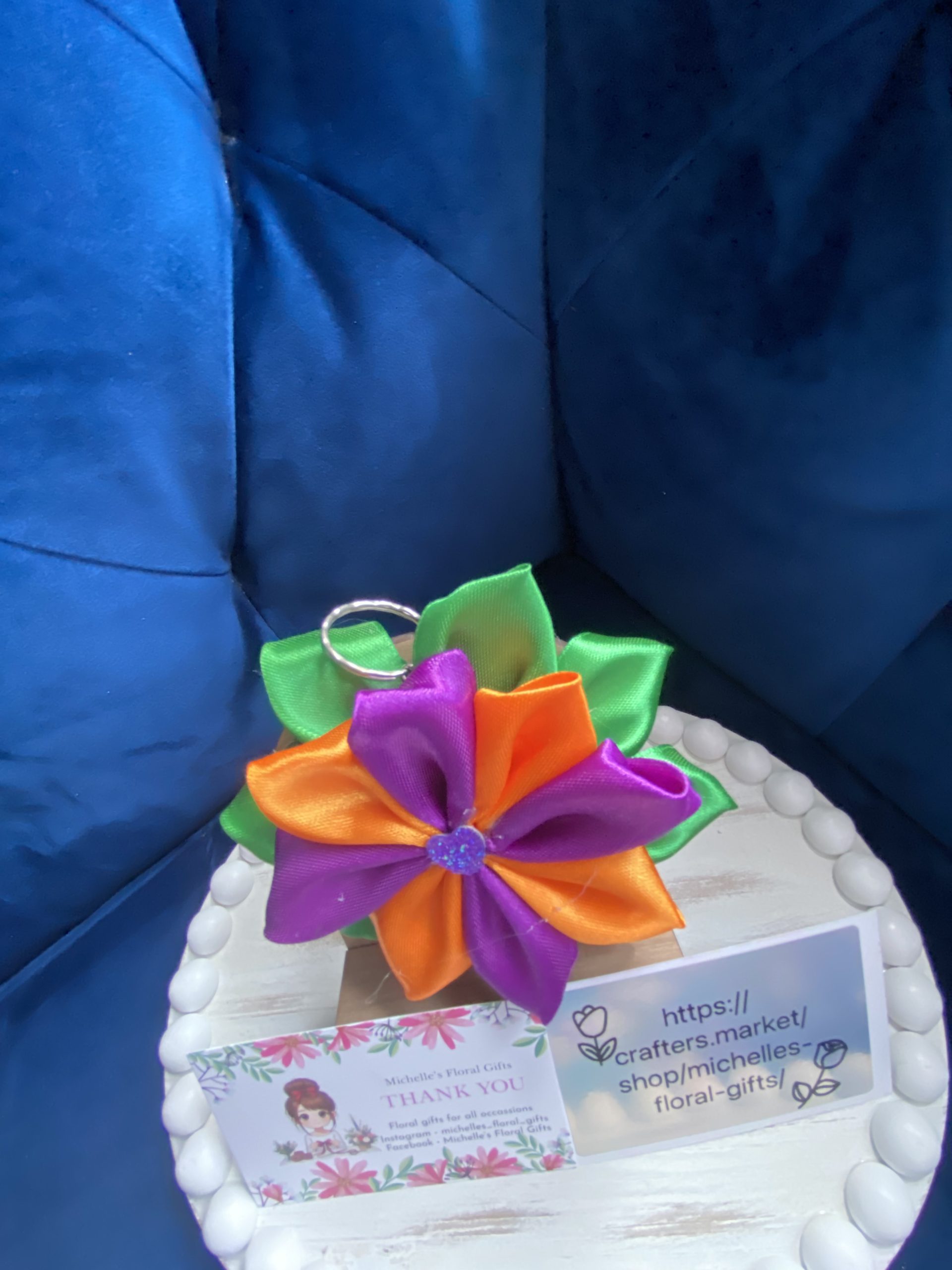 Beautiful handmade orange & purple ribbon flower keyring