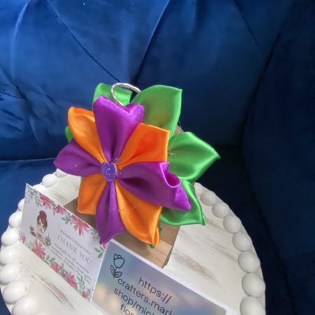 Beautiful handmade orange & purple ribbon flower keyring