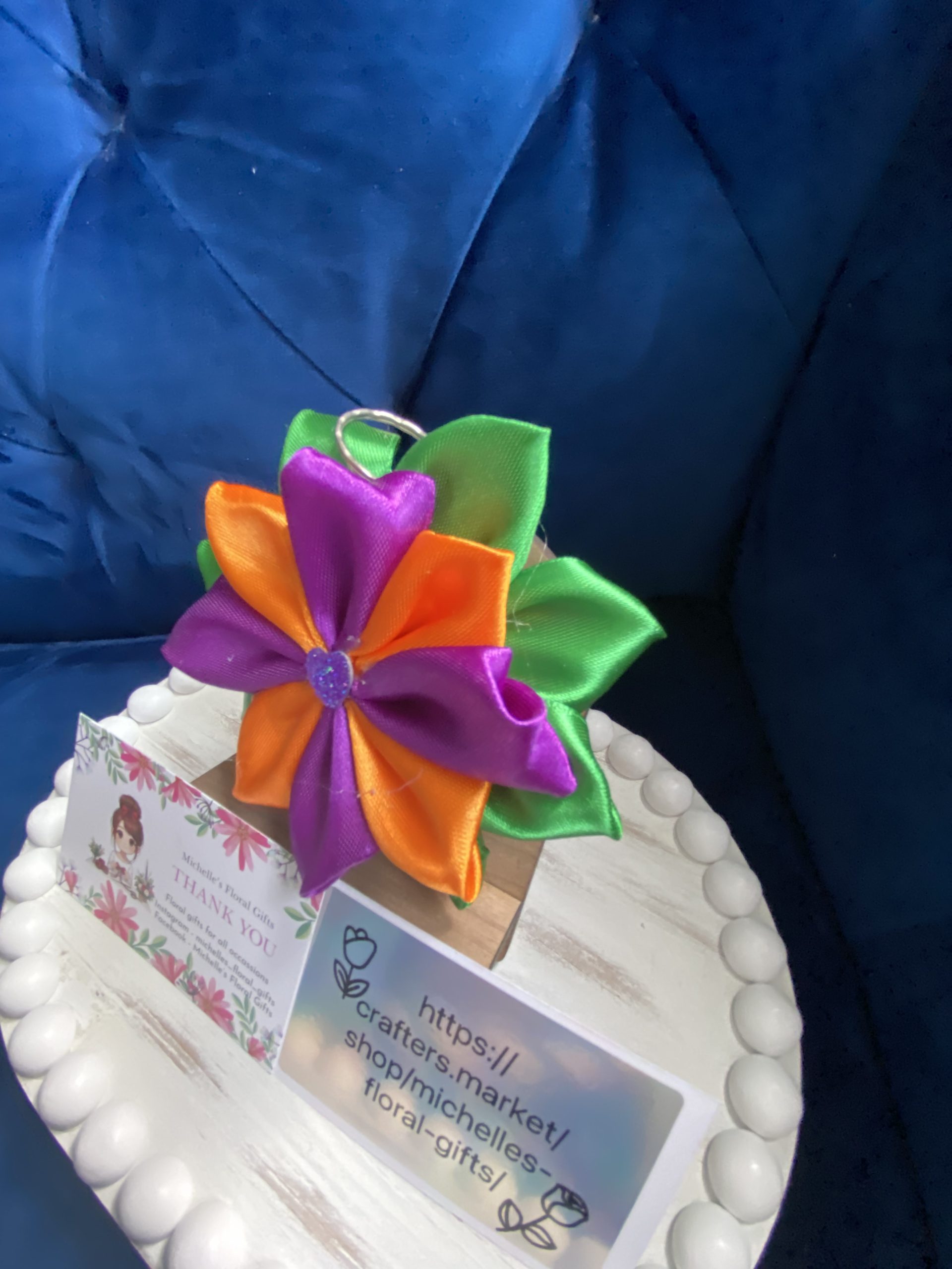 Beautiful handmade orange & purple ribbon flower keyring