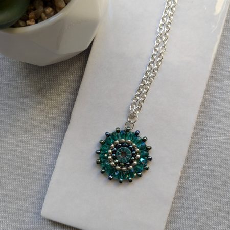 Ferris Wheel Necklace - handcrafted seed bead / beaded pendant necklace - green sparkle