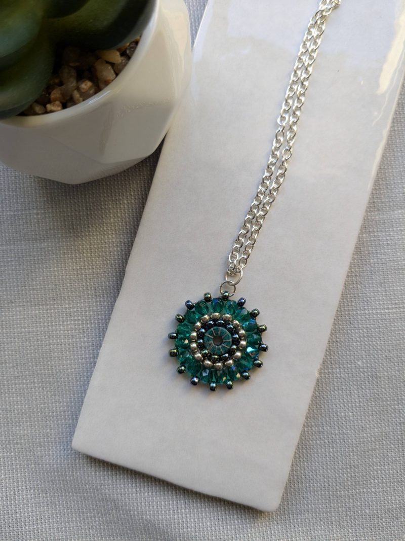 Ferris Wheel Necklace - handcrafted seed bead / beaded pendant necklace - green sparkle