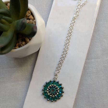 Ferris Wheel Necklace - handcrafted seed bead / beaded pendant necklace - green sparkle