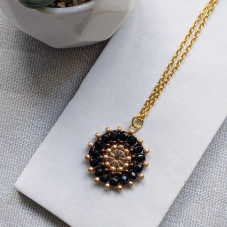 Ferris Wheel Necklace - handcrafted seed bead / beaded pendant necklace - black and gold