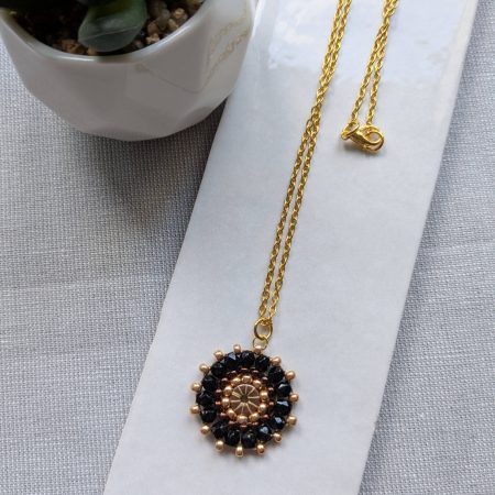 Ferris Wheel Necklace - handcrafted seed bead / beaded pendant necklace - black and gold - Image 2