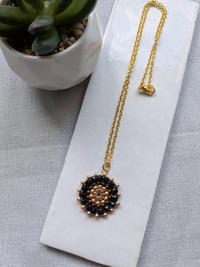 Ferris Wheel Necklace - handcrafted seed bead / beaded pendant necklace - black and gold