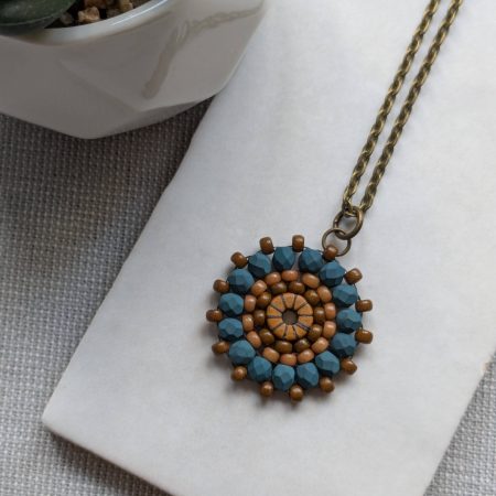 Ferris Wheel Necklace - handcrafted seed bead / beaded pendant necklace - denim