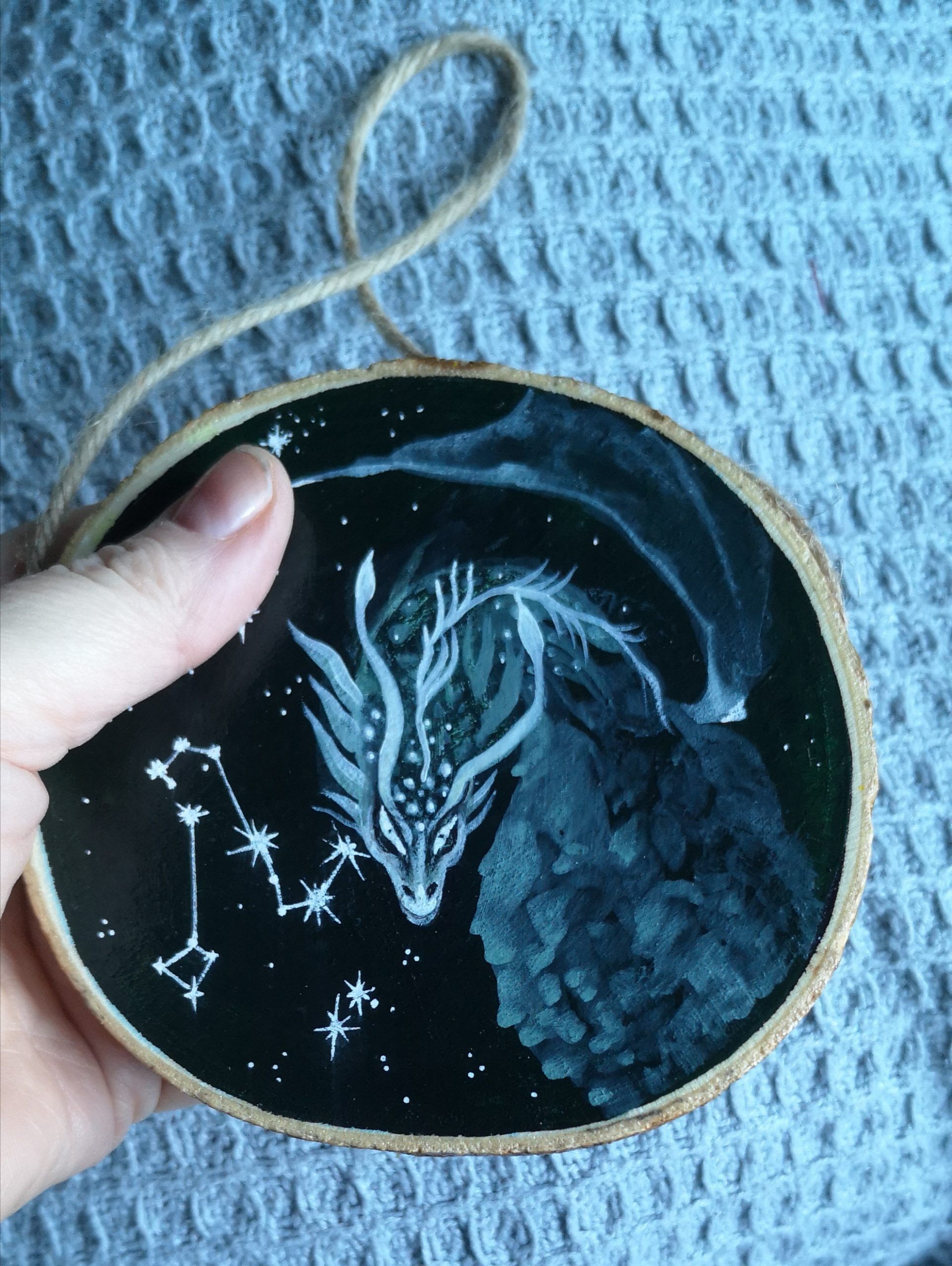 Hand painted and varnished wall hanging of the Draco Constellation and Green Dragon