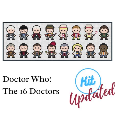 A black photo frame containing a cross stitch design of Doctor Who's 16 Doctors