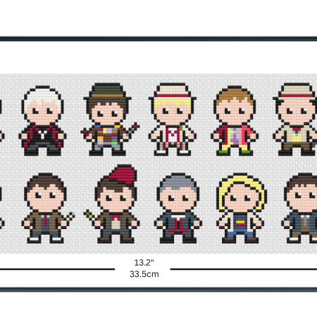 Cross stitch design of the 16 Doctors from Doctor Who, with dimensions
