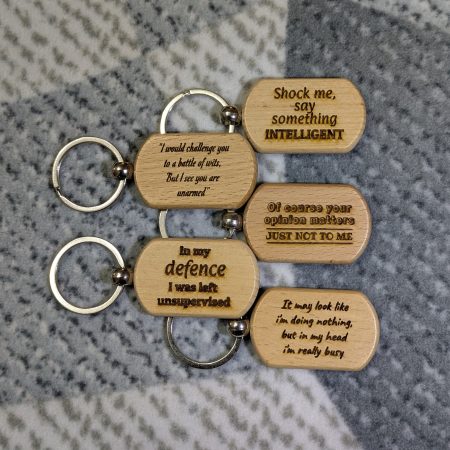 Personalised Witty Keyrings - Laser Engraved Wooden Keyring