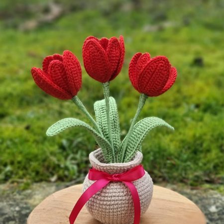 Handmade 3 Red Tulips In A Pot With Red Bow Mother's Day Gift Home Decor Birthday Present