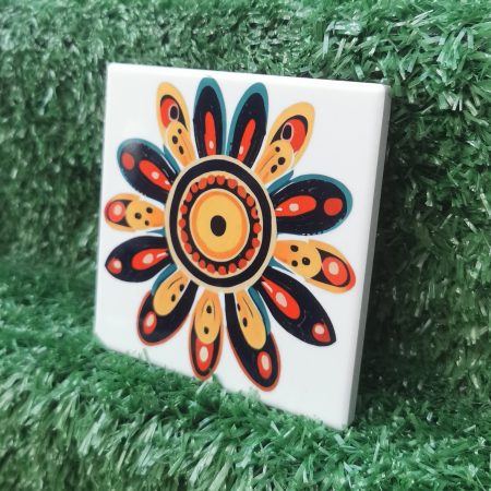 Colourful, Vibrant, Funky Flower Ceramic Coaster 100mm Square