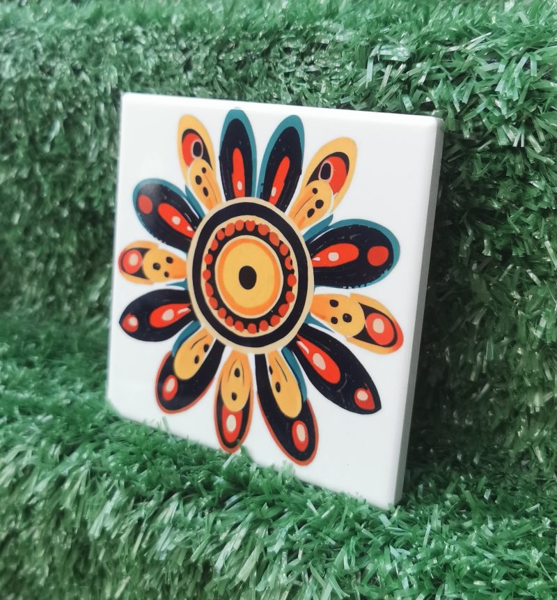 Colourful, Vibrant, Funky Flower Ceramic Coaster 100mm Square